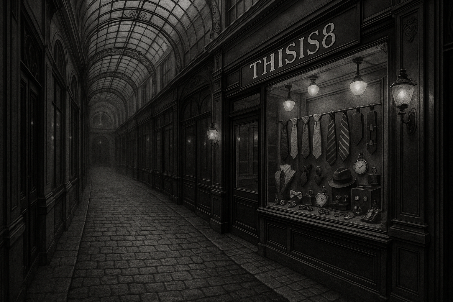 Eleganter Concept Store mit Schaufenster für Fliegen, Krawatten, Uhren und Accessoires – edle Boutique im klassischen Stil mit der Aufschrift THISIS8.