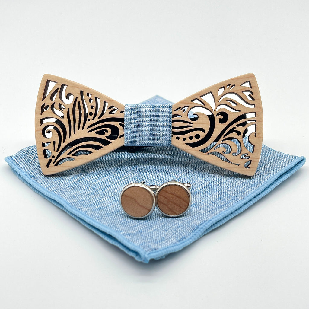 Holzfliege Set mit Einstecktuch & Manschettenknöpfen – Handgefertigte Herren Fliege mit Leinen-Einstecktuch in Hellblau – Hochzeit & Geschenkidee