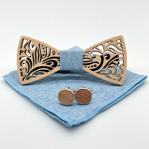 Holzfliege Set mit Einstecktuch & Manschettenknöpfen – Handgefertigte Herren Fliege mit Leinen-Einstecktuch in Hellblau – Hochzeit & Geschenkidee